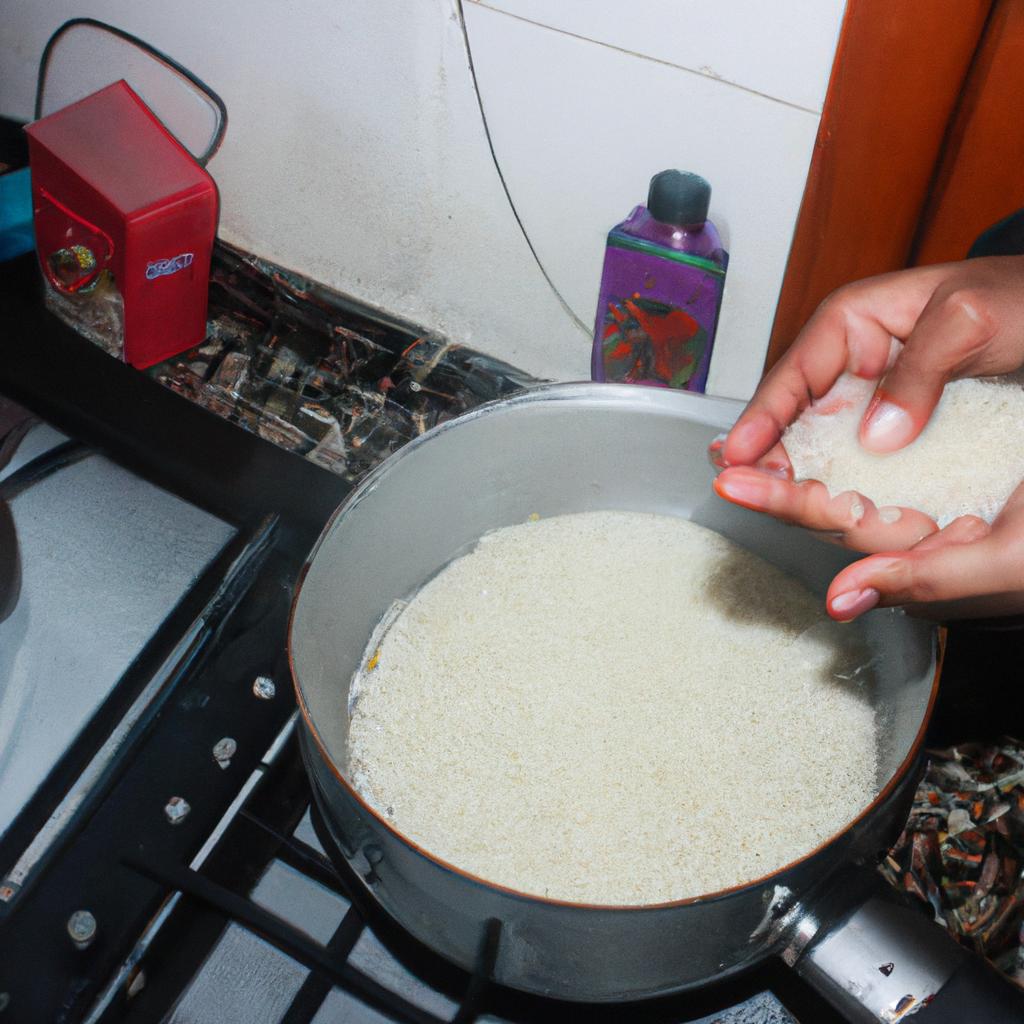 Person cooking rice in kitchen
